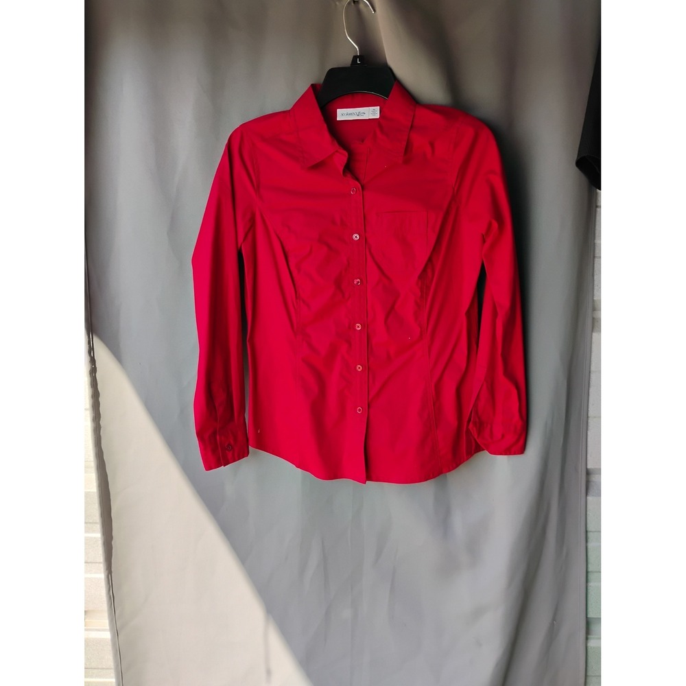 St. Johns Bay Womens PS Red Long Sleeve Button Down Shirt Collared Blouse Pocket